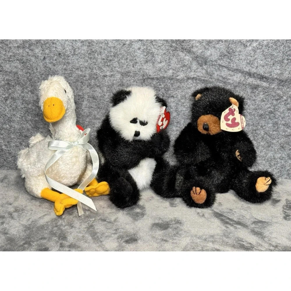 TY Attic Treasures Lot/3 Georgette Goose,‎ Checkers Panda, Ivan Black Bear 1993